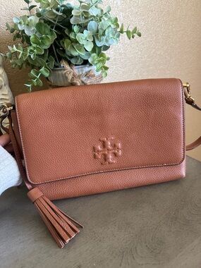 Tory Burch Cognac Pebbled Leather Crossbody with Tassel
